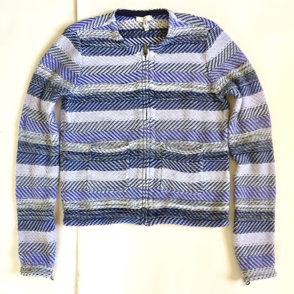 JOIE Blue Striped Cotton Knit Front Zip Sweater XS